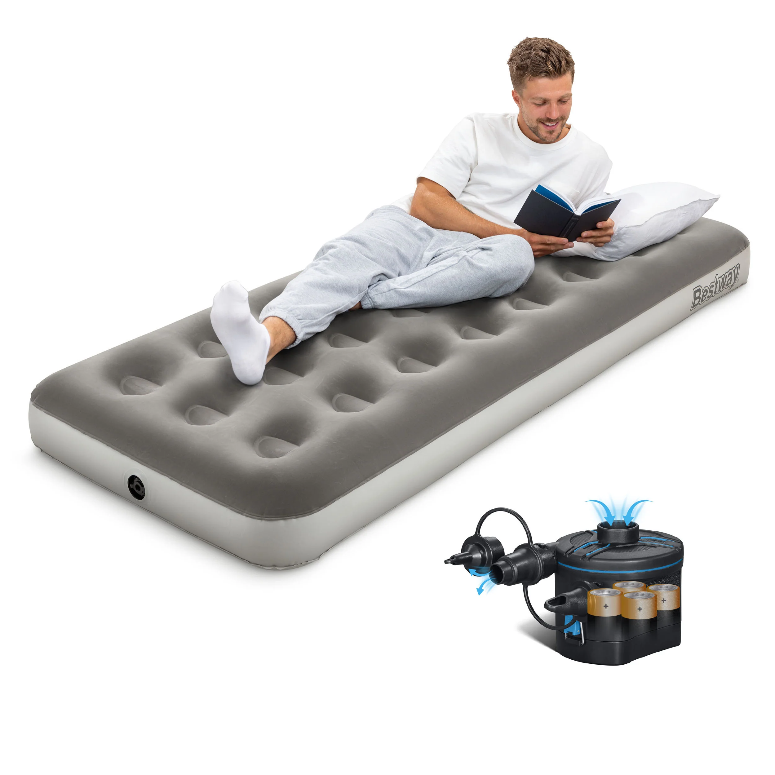 Single Flocked Airbed with Cordless Electric Battery Pump
