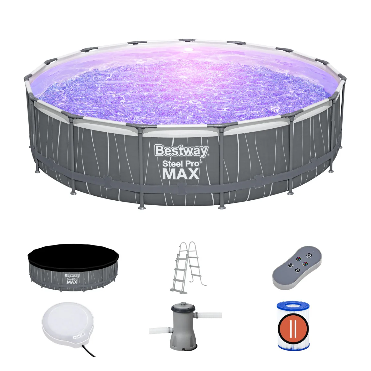 15ft x 42in Dark Grey LED Round Steel Pro Max Above Ground Pool Set