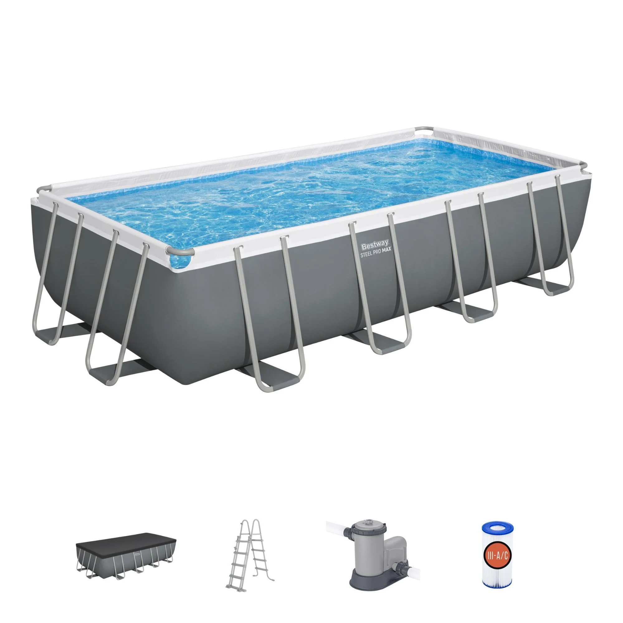 18ft x 9ft x 48in Dark Grey Rectangle Steel Pro MAX Above Ground Pool Set