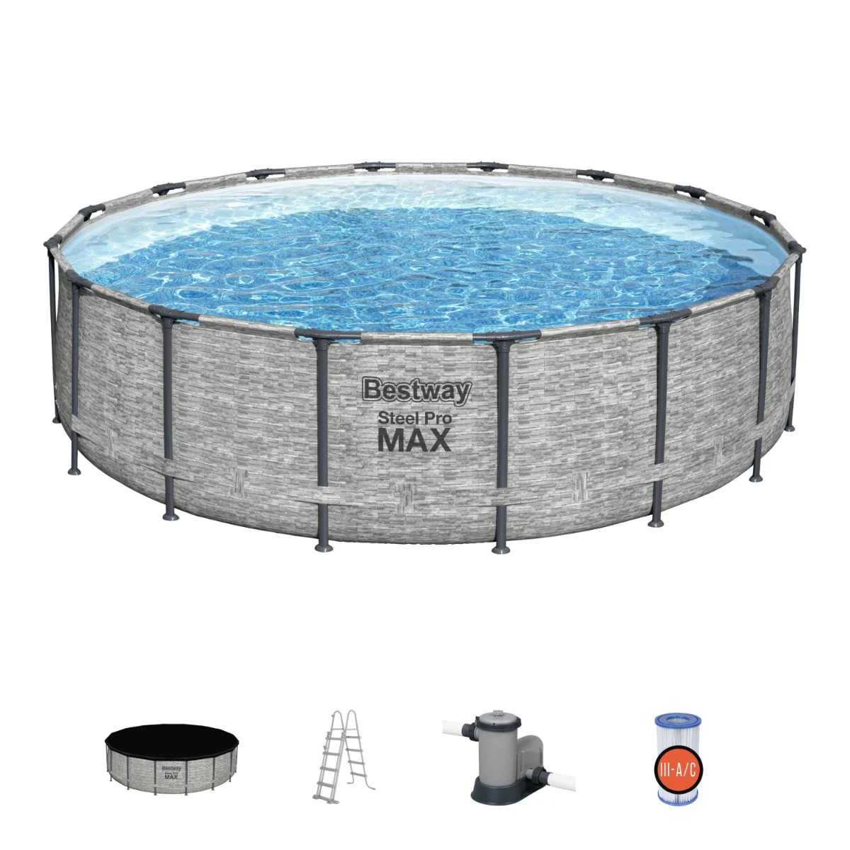 16ft x 48in Stone Print Round Steel Pro Max Above Ground Pool Set