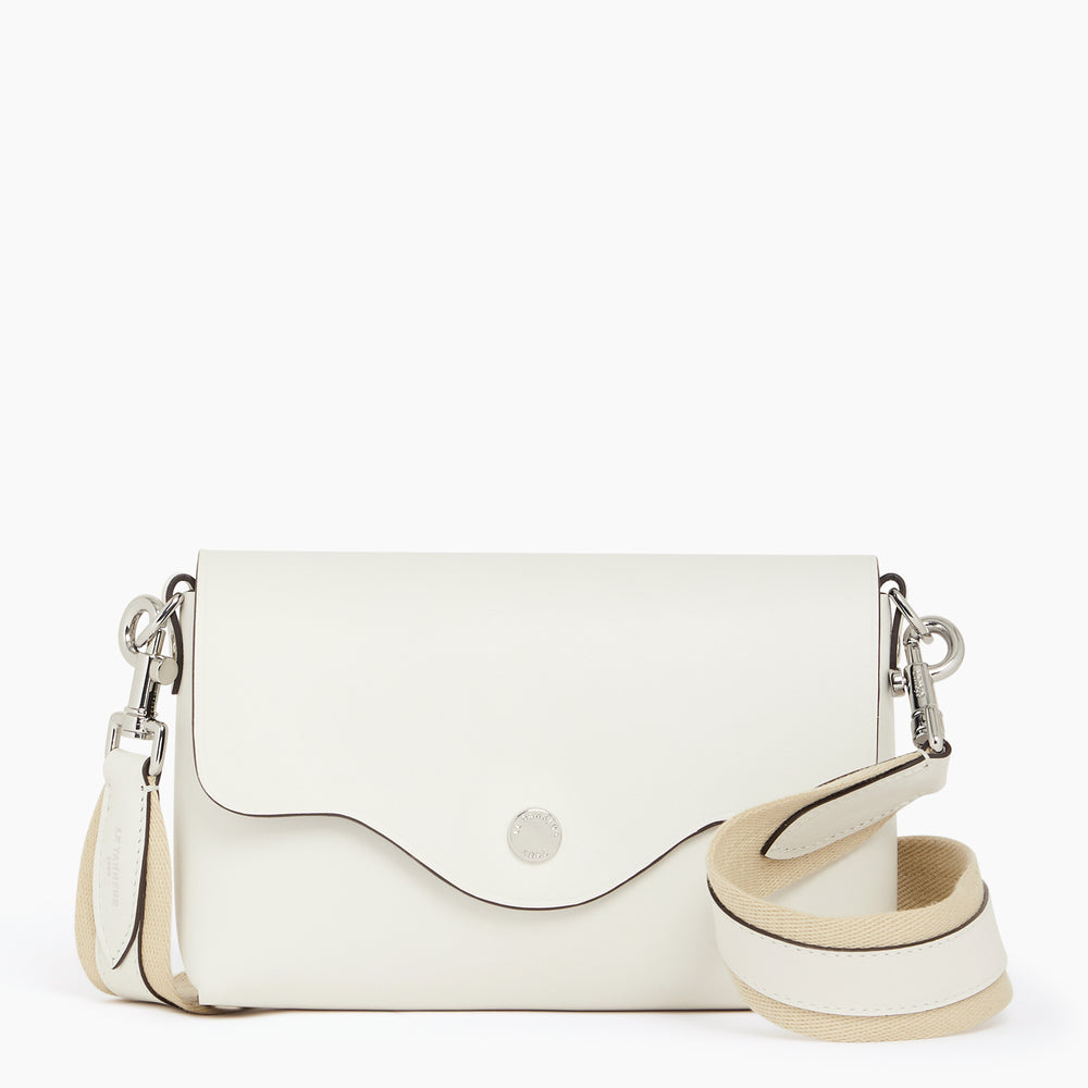 Sans Couture flap-closure pouch with removable, crossbody strap in smooth leather