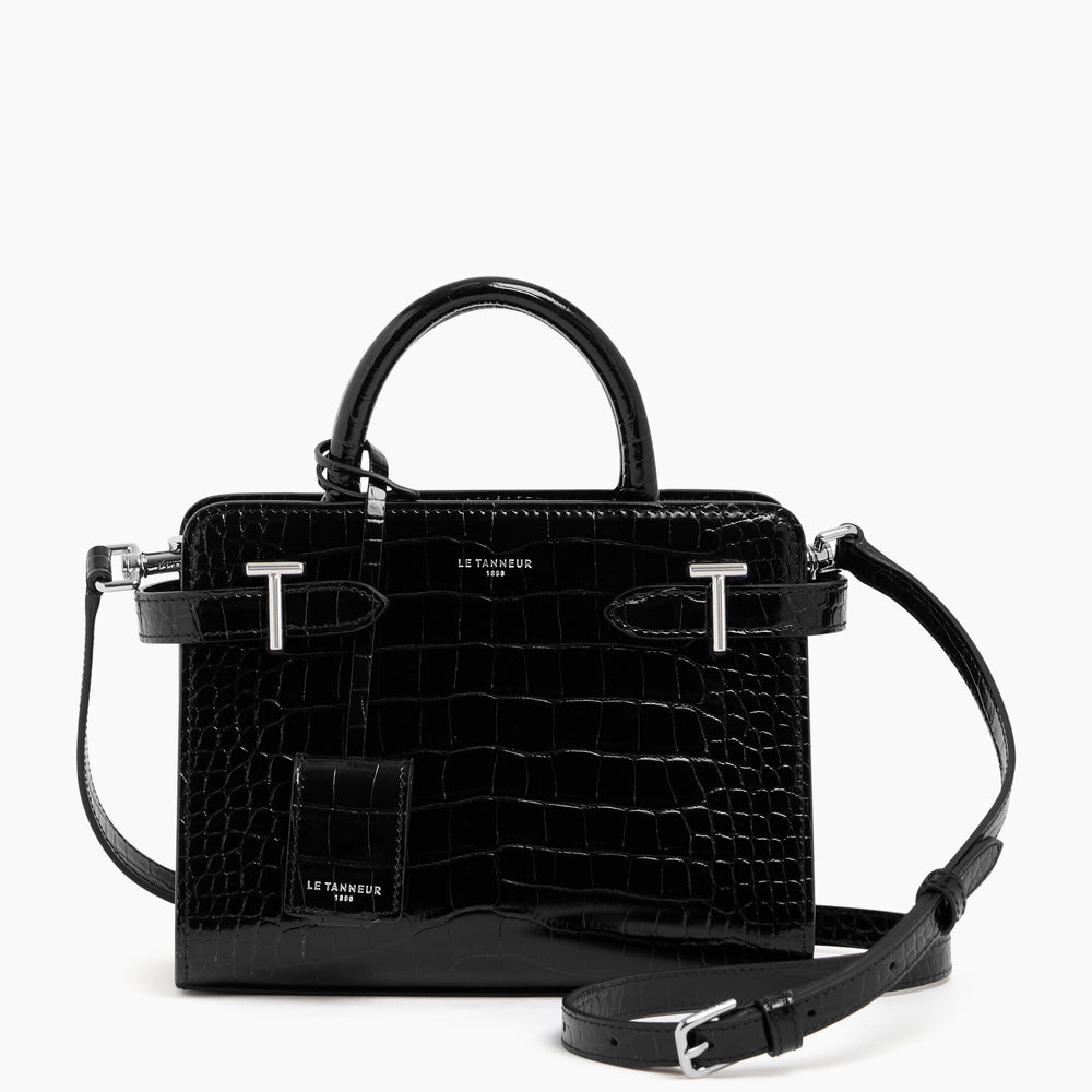 Emilie small, flap-closure handbag in crocodile-embossed leather