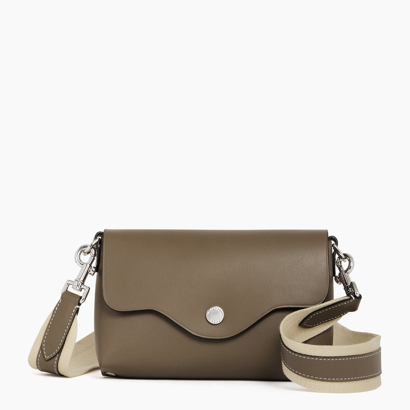 Sans Couture flap-closure pouch with removable, crossbody strap in smooth leather