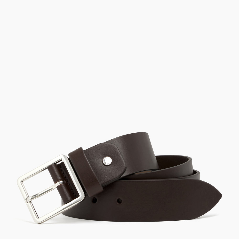 Men's belt with square buckle in smooth, vegetable-tanned leather