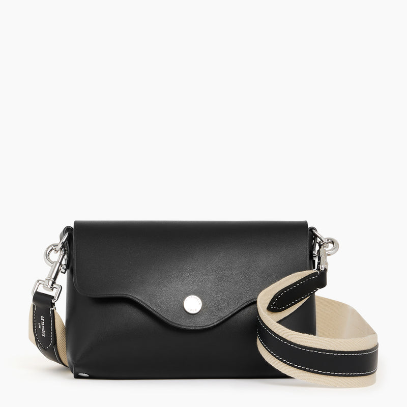 Sans Couture flap-closure pouch with removable, crossbody strap in smooth leather