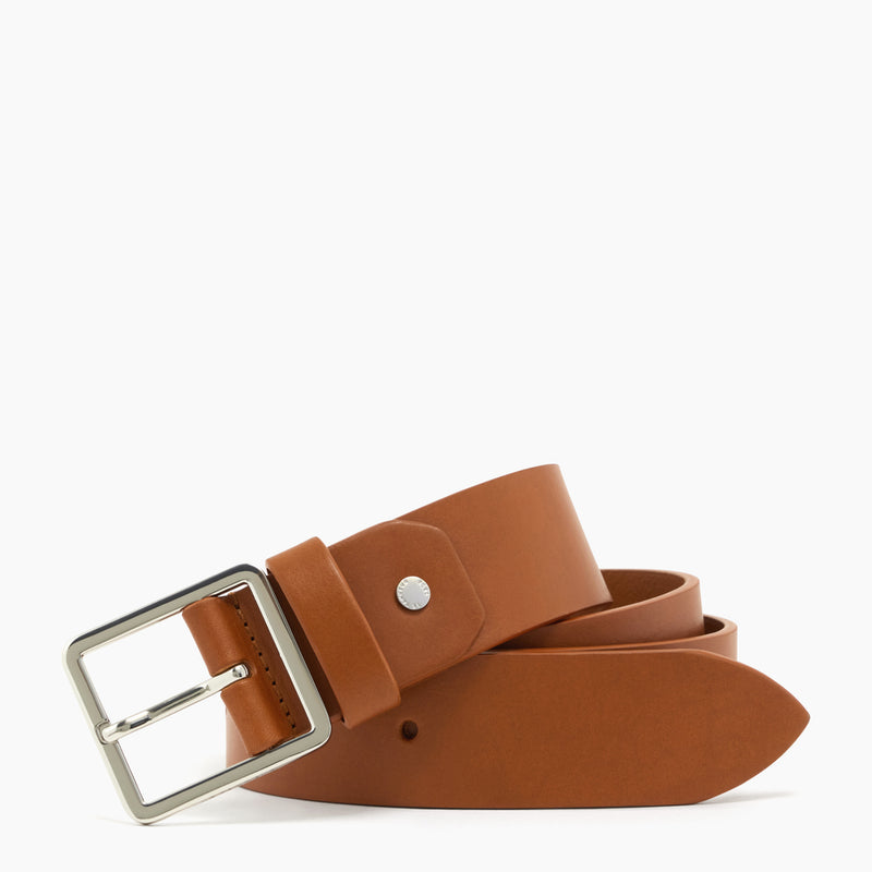 Men's belt with square buckle in smooth, vegetable-tanned leather