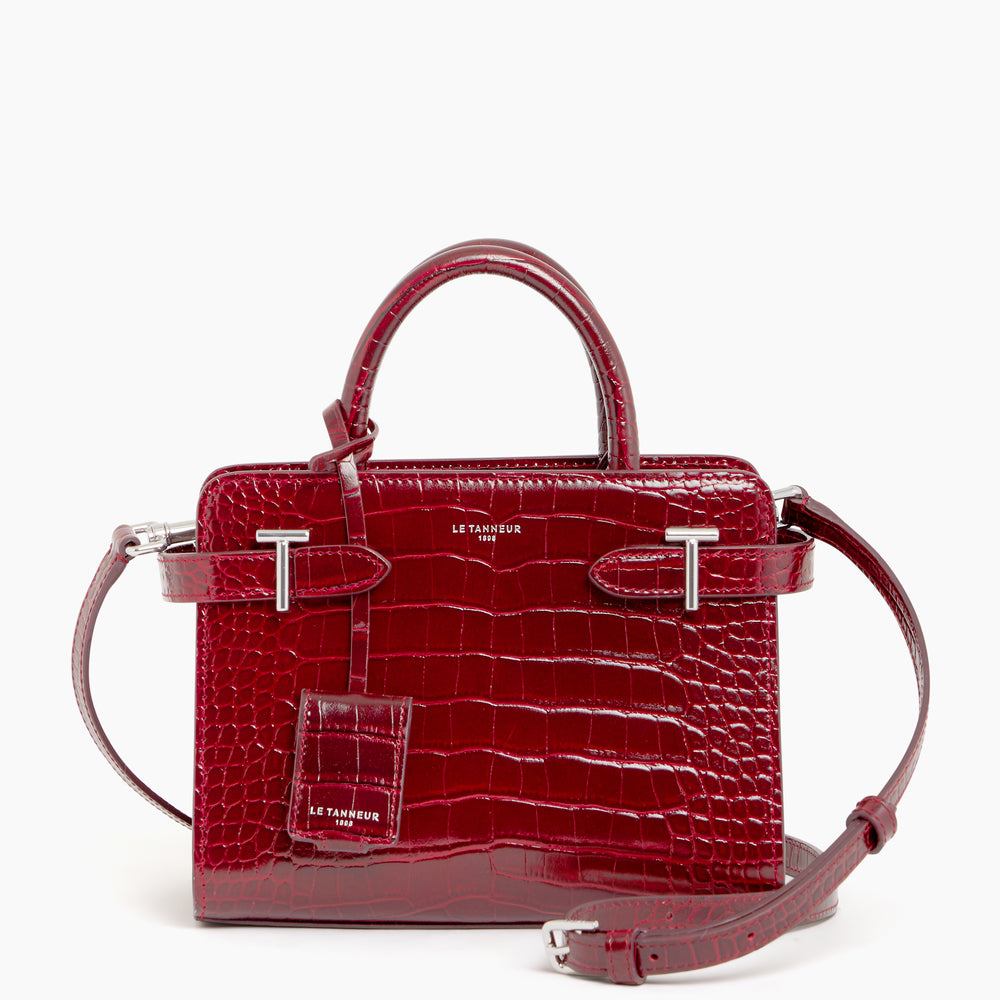 Emilie small, flap-closure handbag in crocodile-embossed leather