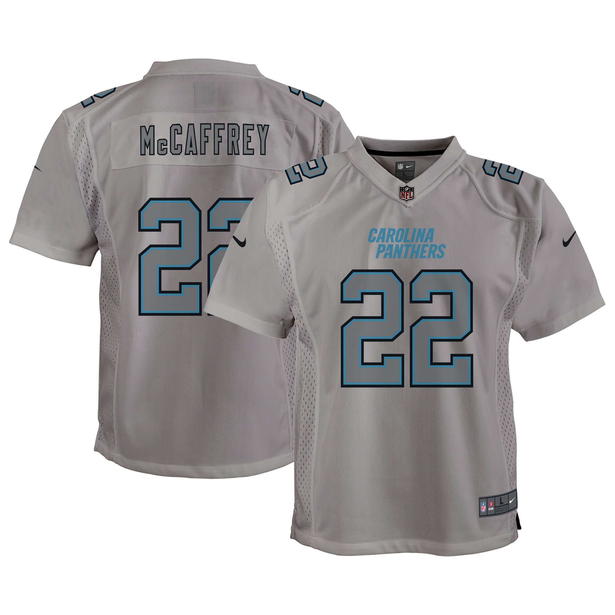 Youth Carolina Panthers Christian McCaffrey Nike Gray Atmosphere Game Jersey