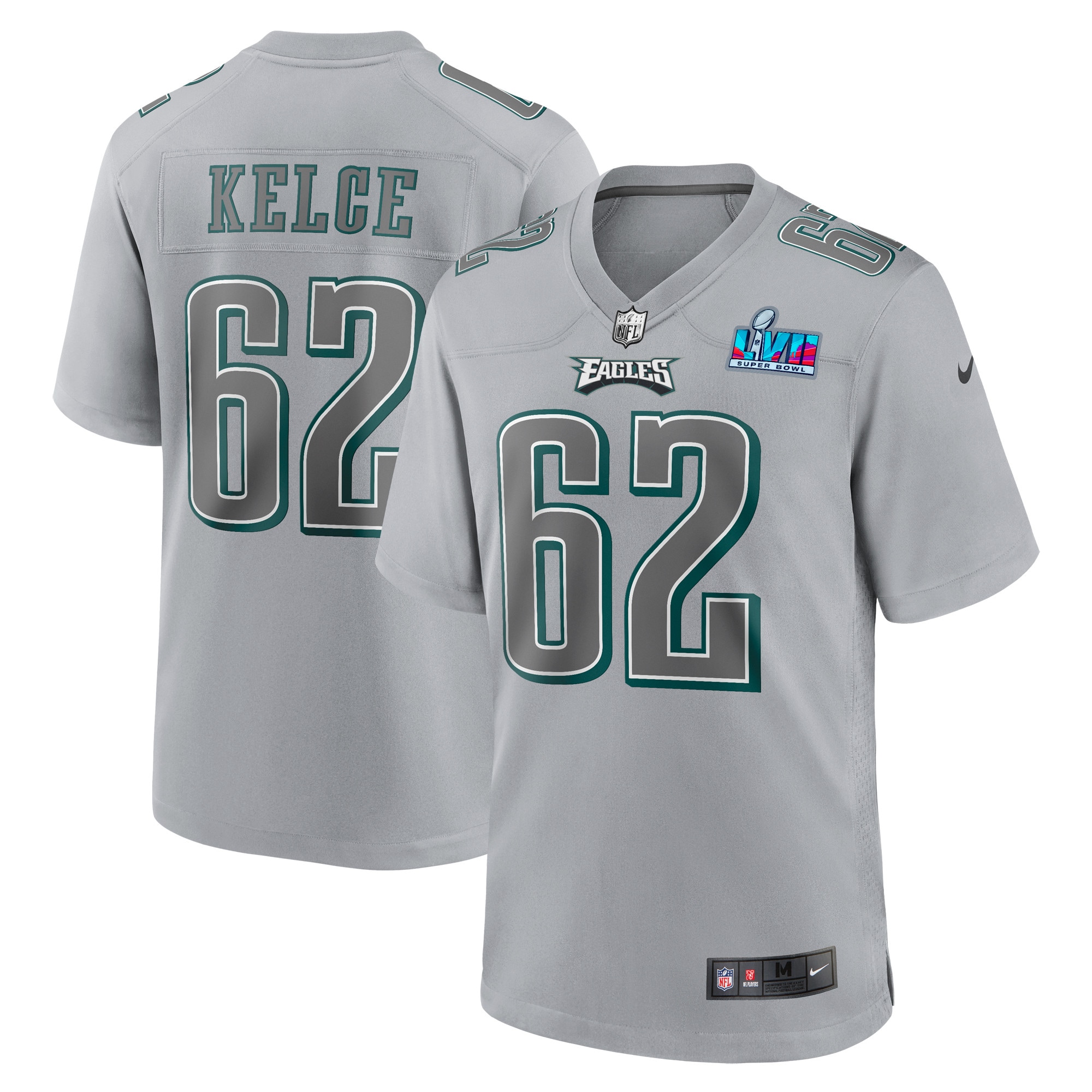 Youth Philadelphia Eagles Jason Kelce Nike Gray Super Bowl LVII Patch Atmosphere Fashion Game Jersey