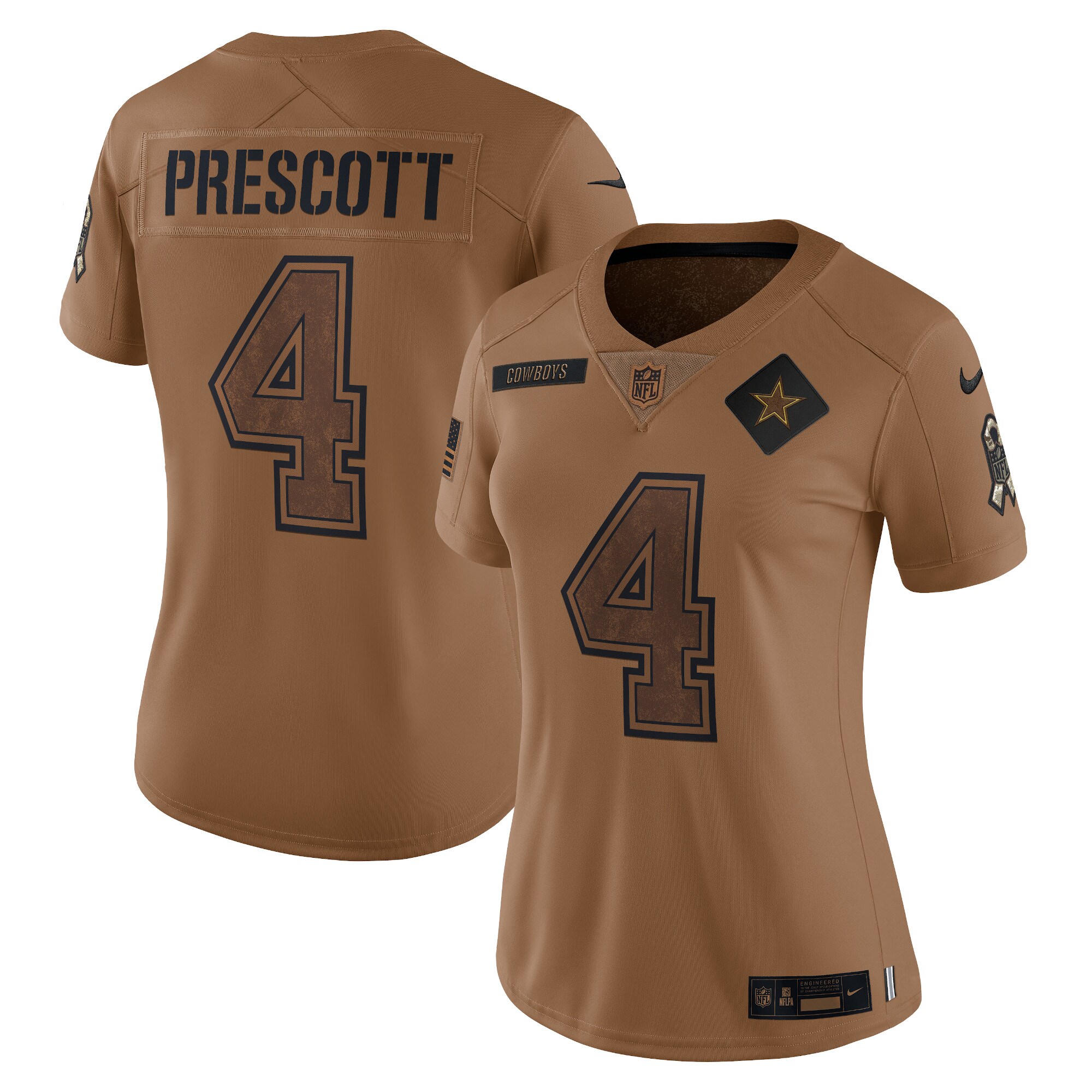 Women's Dallas Cowboys Dak Prescott Nike Brown 2023 Salute To Service Limited Jersey