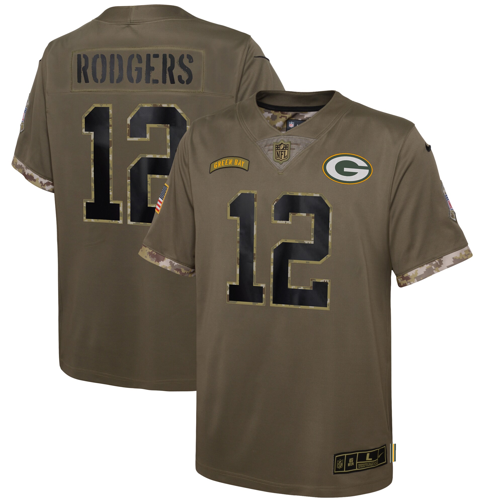 Youth Green Bay Packers Aaron Rodgers Nike Olive 2022 Salute To Service Player Limited Jersey