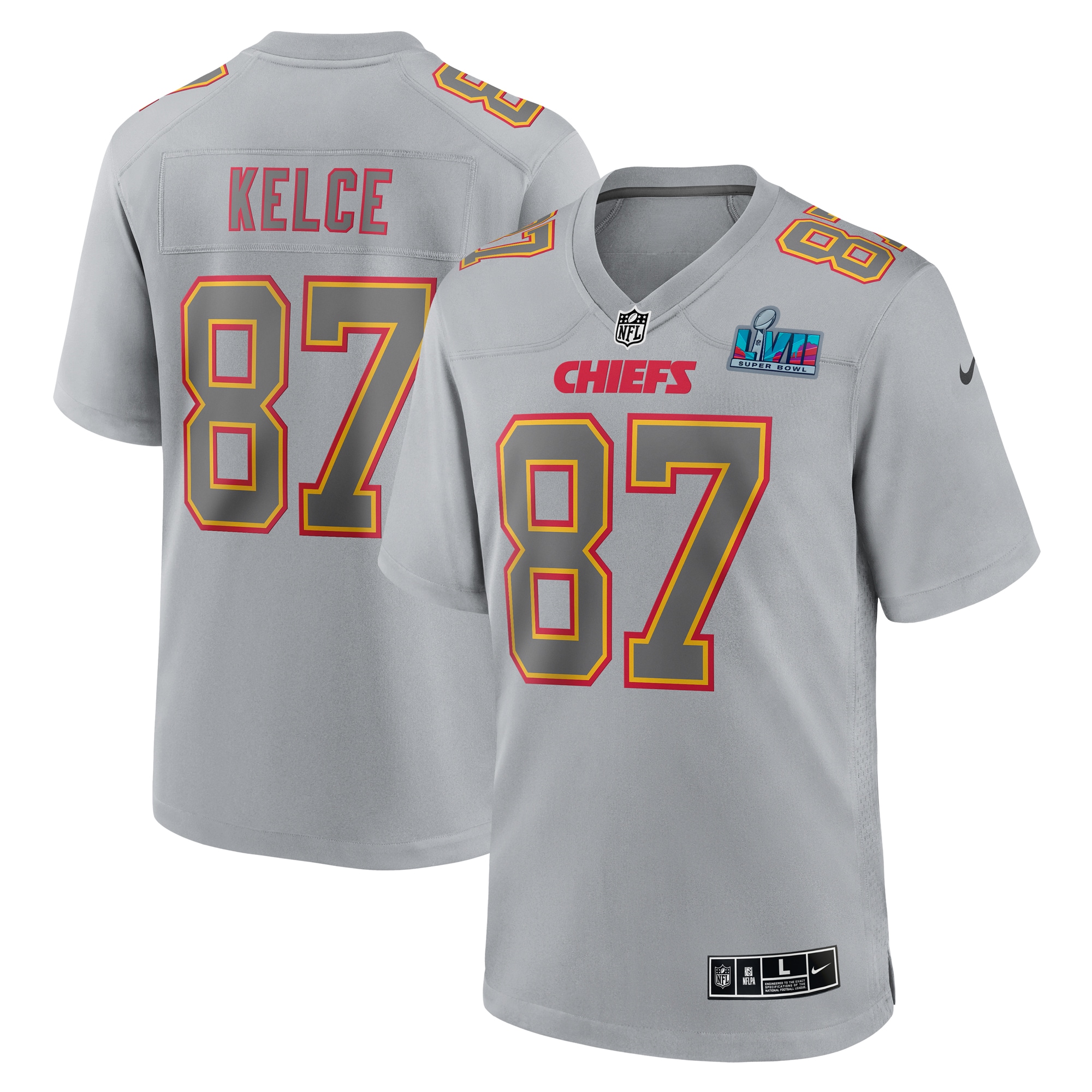 Men's Kansas City Chiefs Travis Kelce Nike Gray Super Bowl LVII Patch Atmosphere Fashion Game Jersey