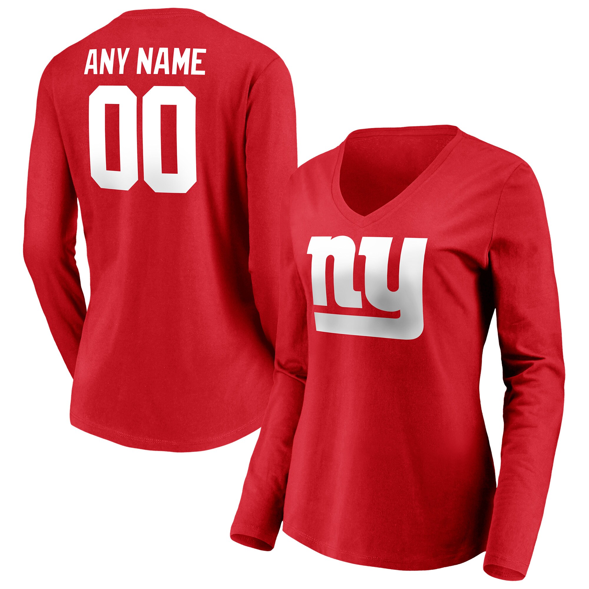 Women's New York Giants Fanatics Branded Red Team Authentic Logo Personalized Name & Number V-Neck Long Sleeve T-Shirt