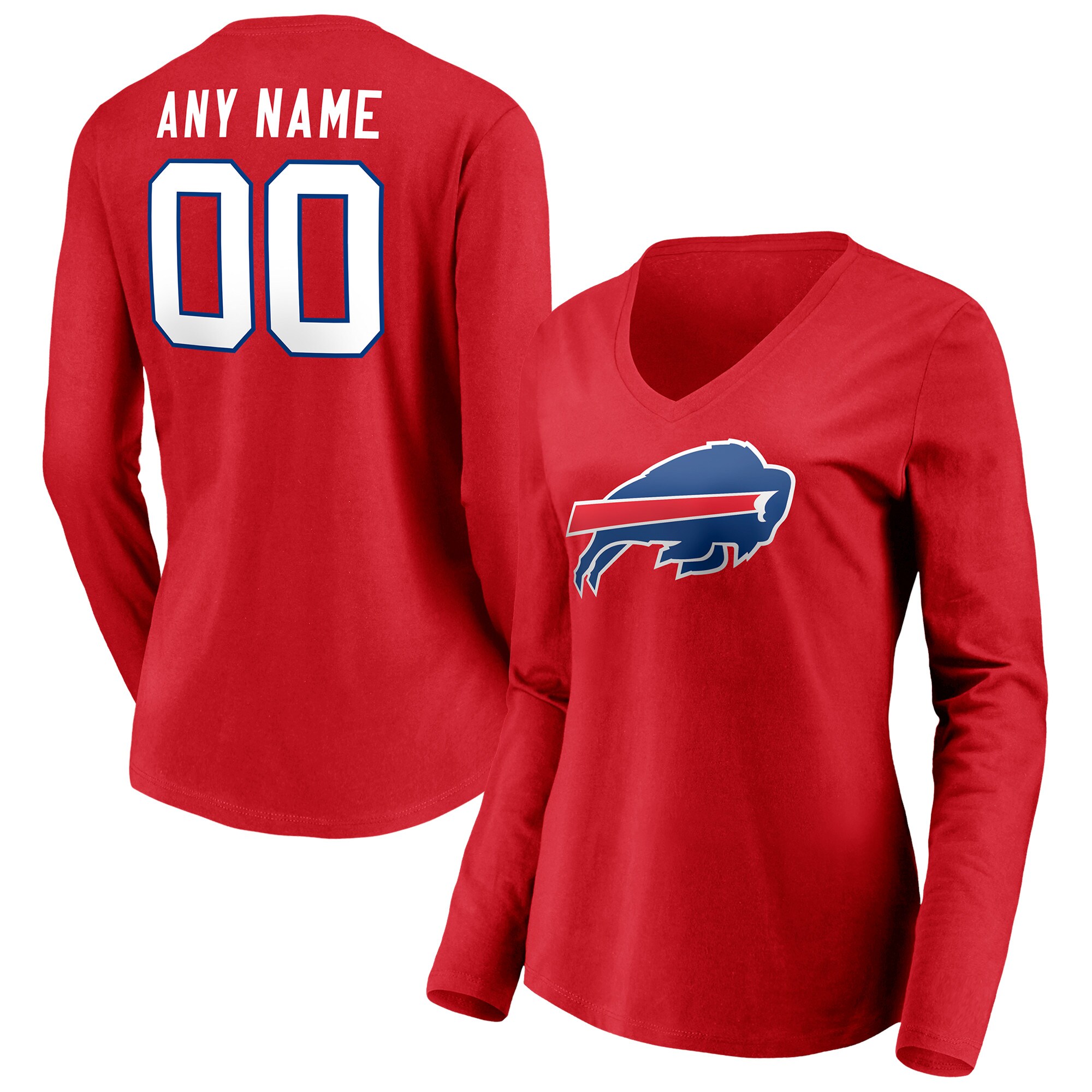Women's Buffalo Bills Fanatics Branded Red Team Authentic Logo Personalized Name & Number V-Neck Long Sleeve T-Shirt