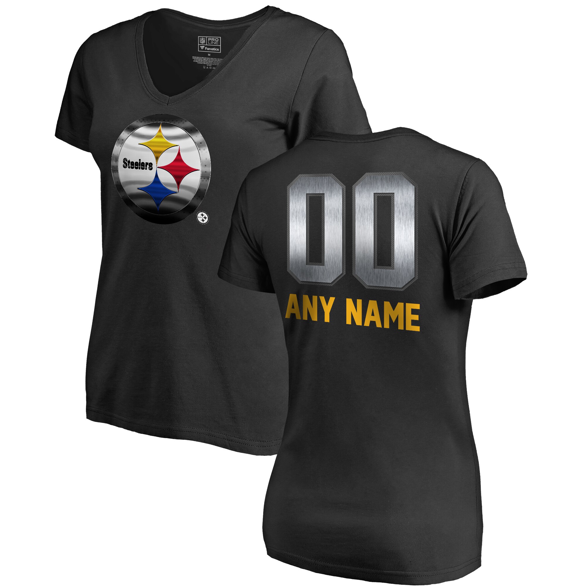 Women's Pittsburgh Steelers NFL Pro Line by Fanatics Branded Black Personalized Midnight Mascot T-Shirt
