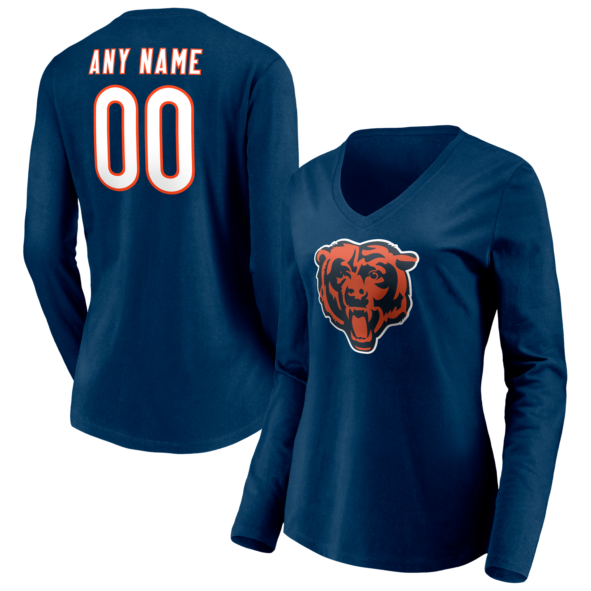 Women's Chicago Bears Fanatics Branded Navy Team Authentic Personalized Name & Number Long Sleeve V-Neck T-Shirt