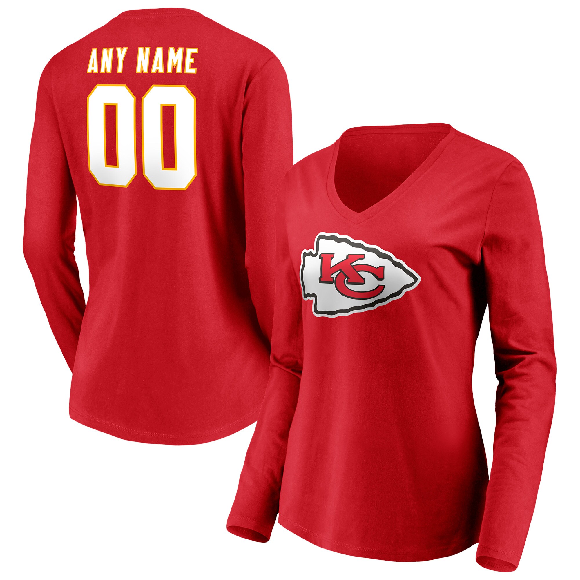 Women's Kansas City Chiefs Fanatics Branded Red Team Authentic Personalized Name & Number Long Sleeve V-Neck T-Shirt