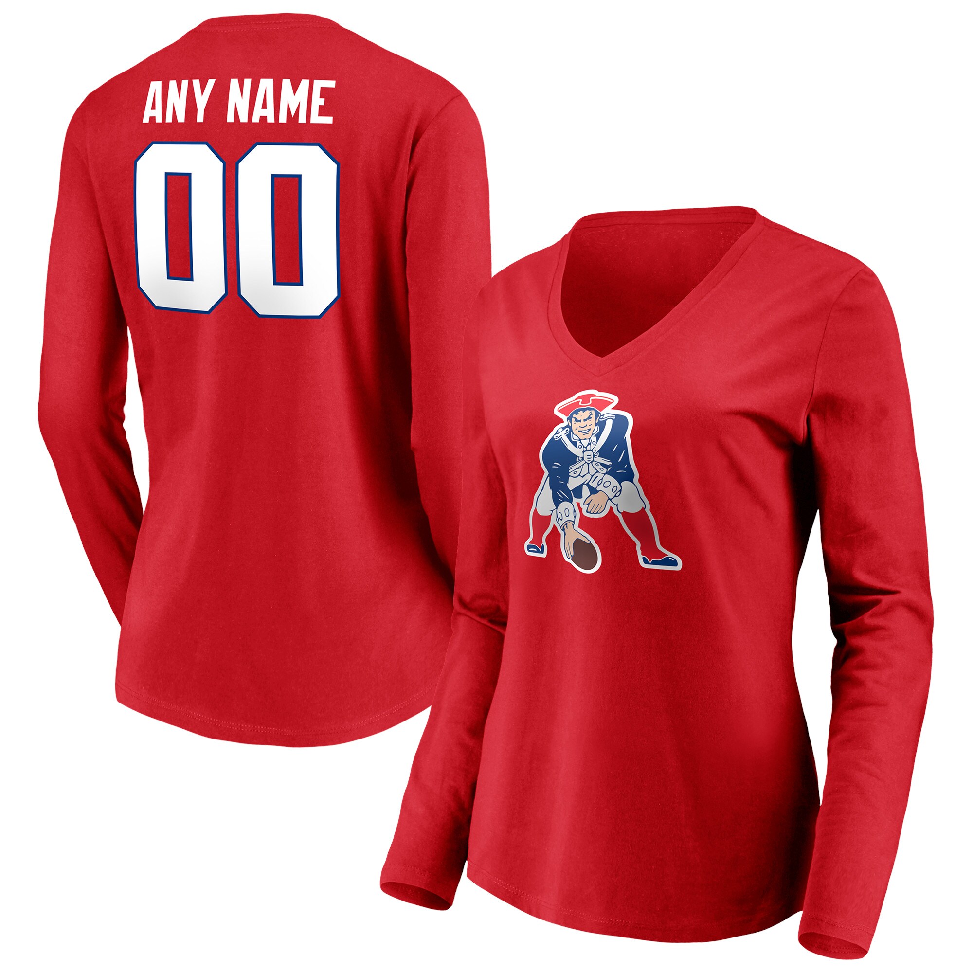 Women's New England Patriots Fanatics Branded Red Team Authentic Logo Personalized Name & Number V-Neck Long Sleeve T-Shirt