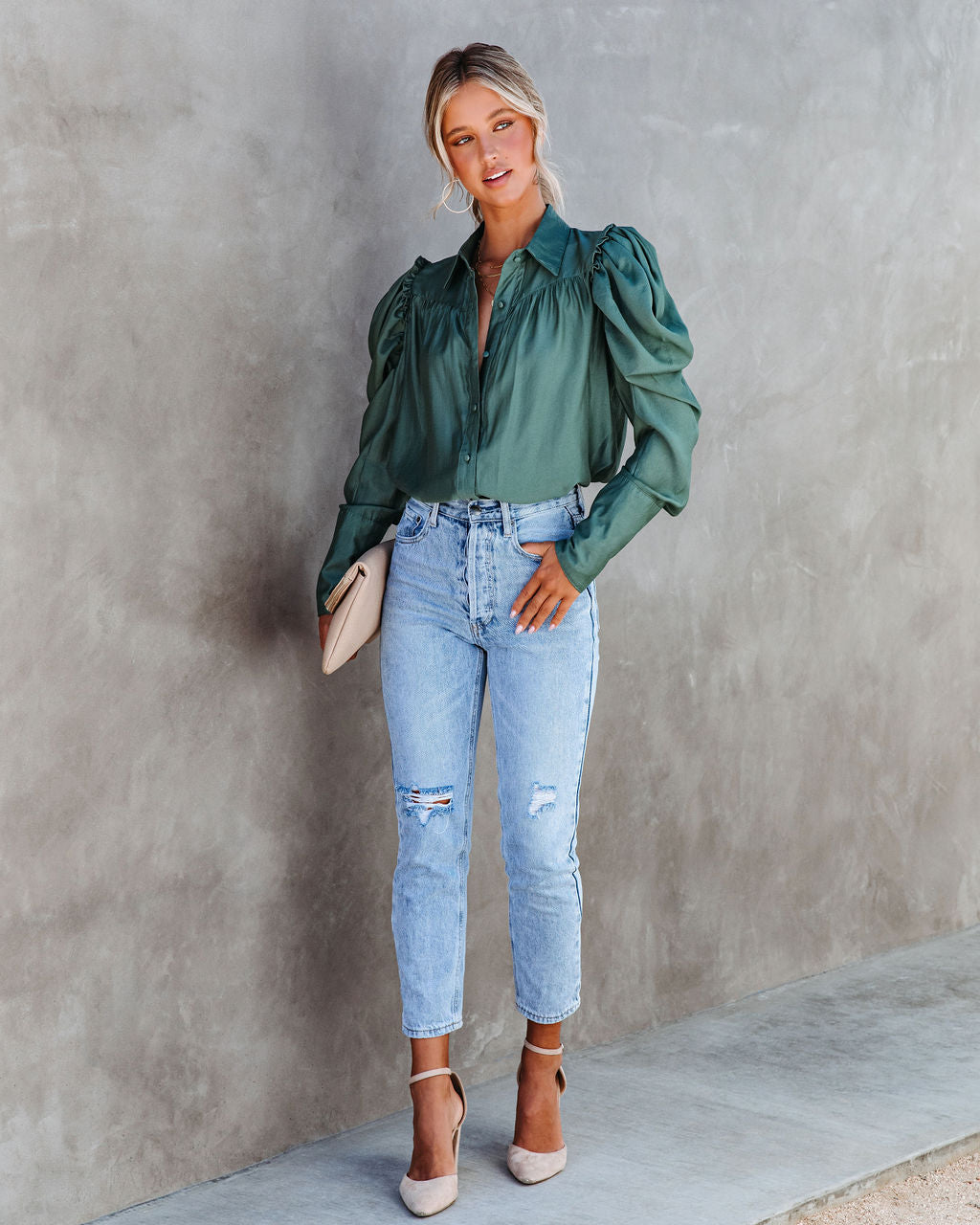 Southern Belle Puff Sleeve Button Down Top - Pine