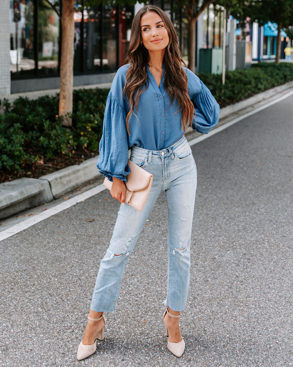 Asher Balloon Sleeve Button Down Top - Blue - SALE