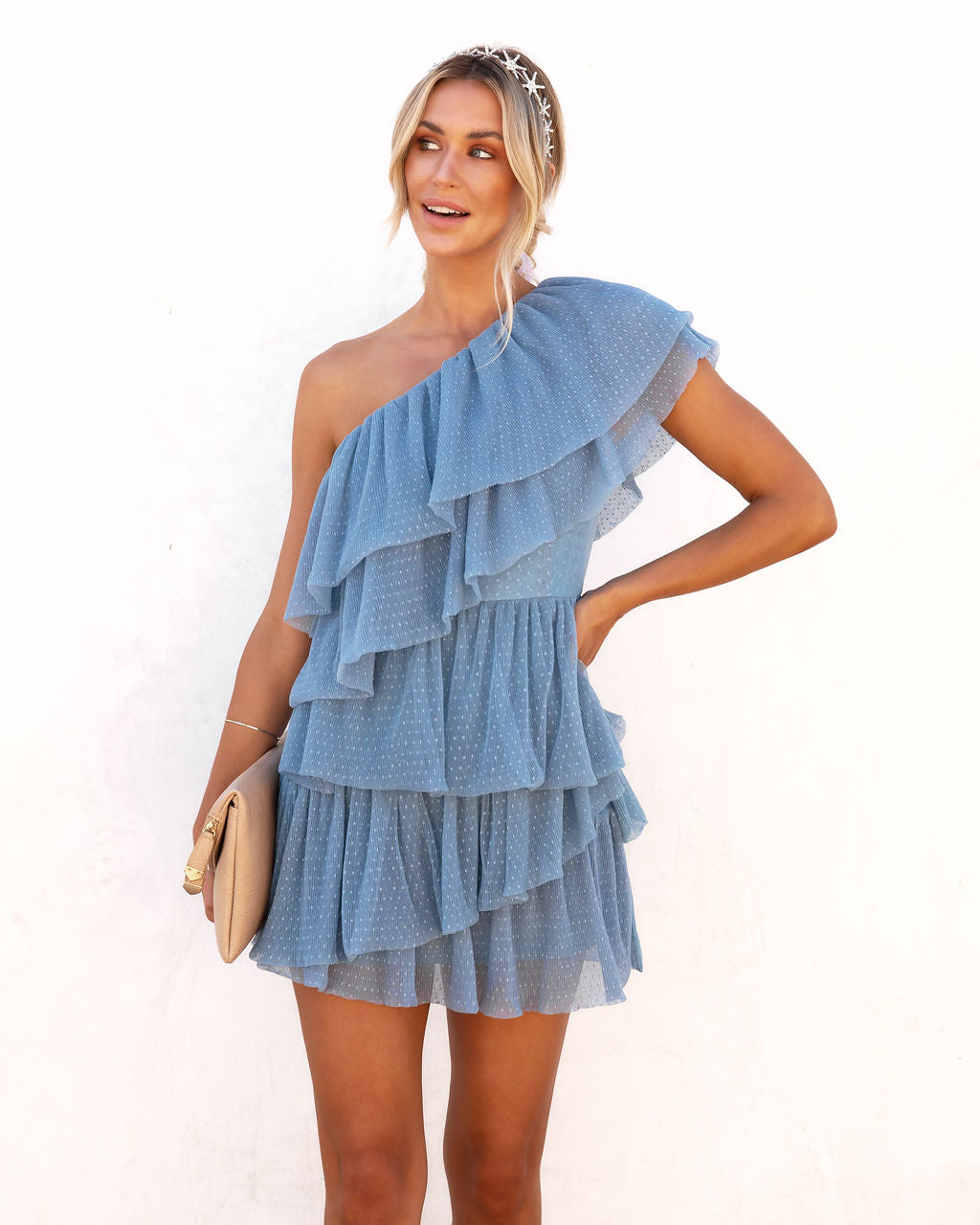 Charmed Away Tulle Tiered Mini Dress - Dusty Blue - FINAL SALE