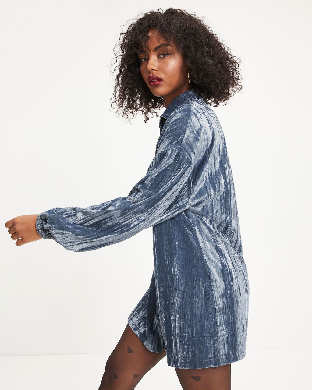 Avalina Textured Velvet Button Down Shirt Dress - Grey Blue