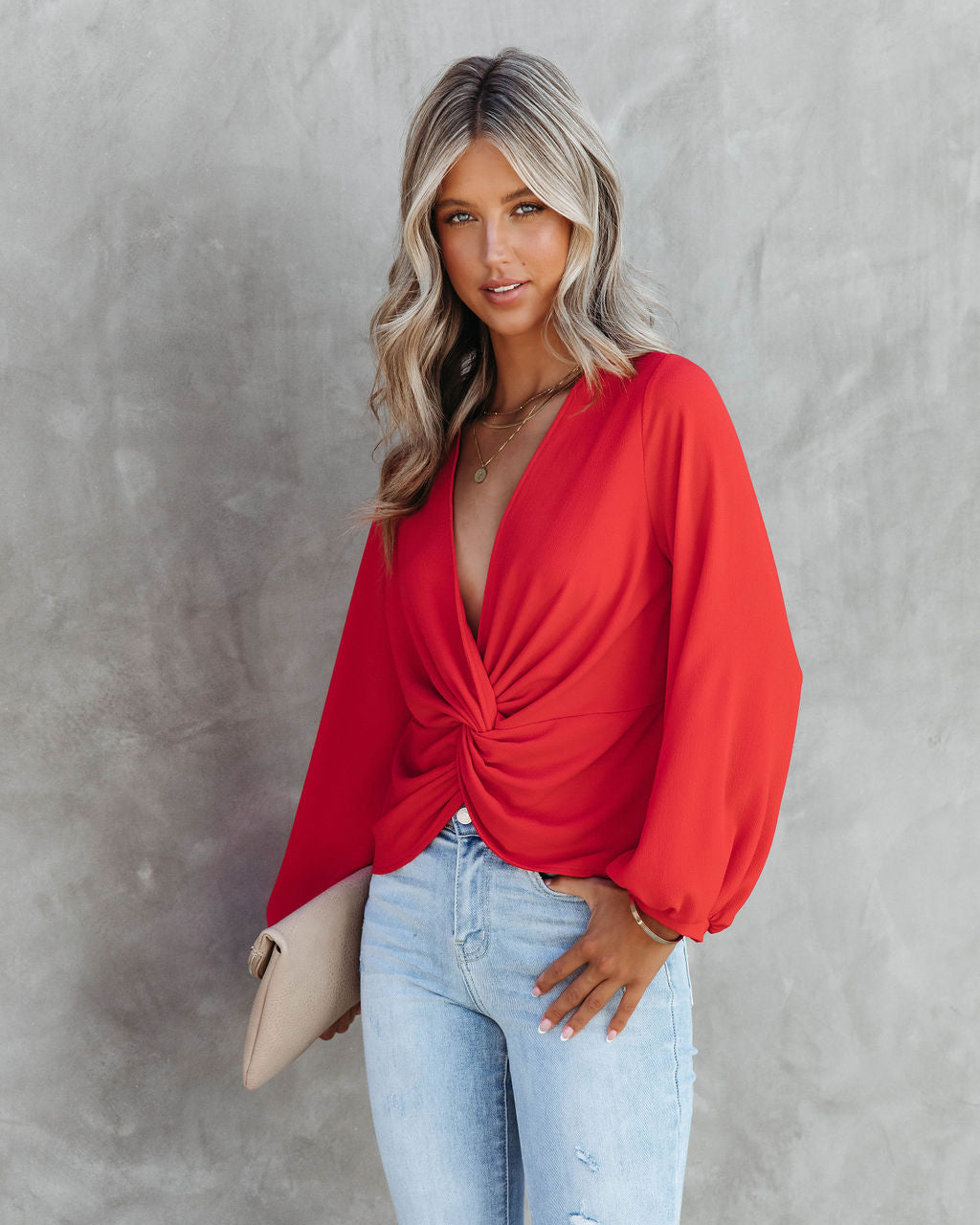City Dreams Twisted Drape Top - Tomato Red