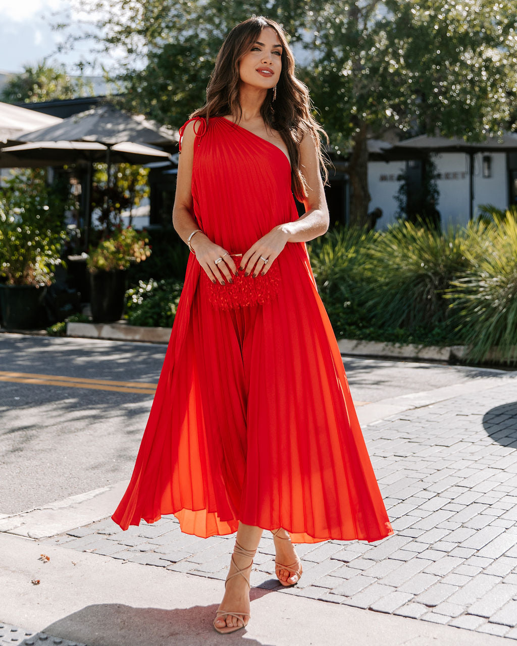 Melina Satin One Shoulder Pleated Midi Dress - Red