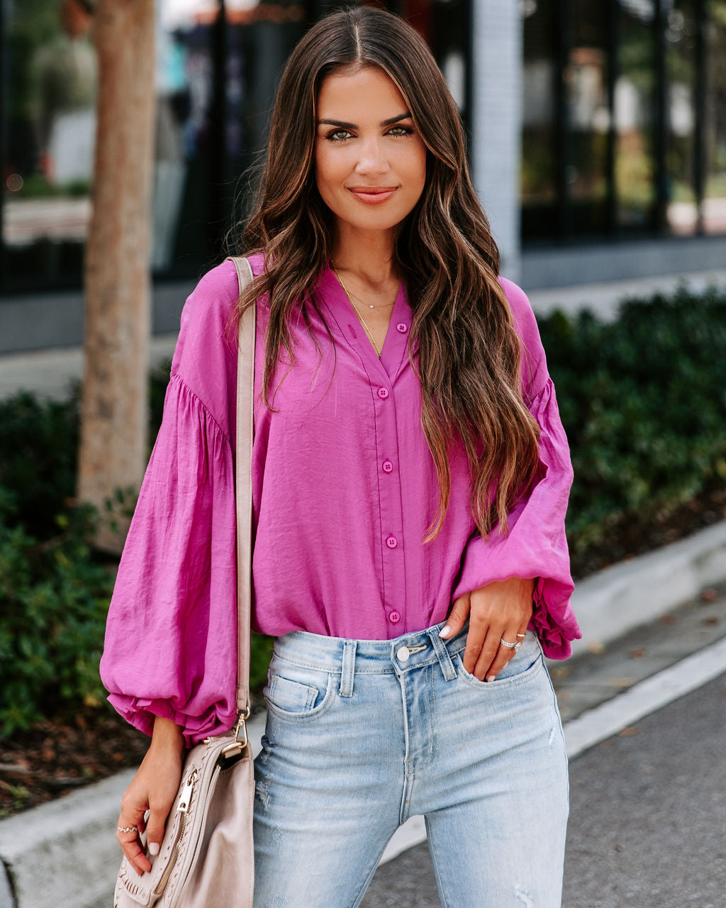 Asher Balloon Sleeve Button Down Top - Magenta - SALE