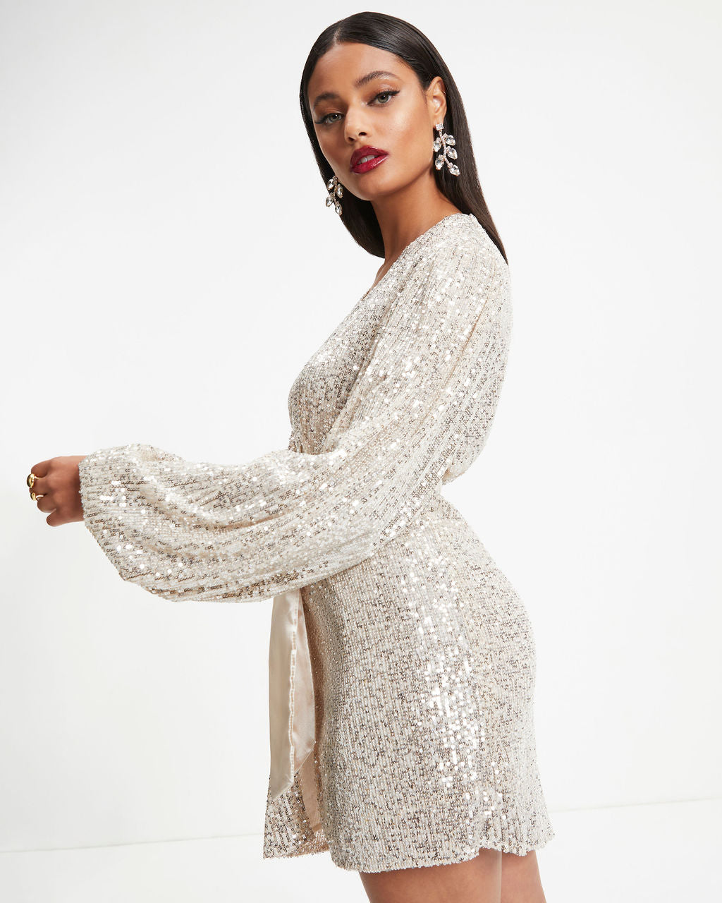 Leave A Little Sparkle Wrap Mini Dress - Champagne
