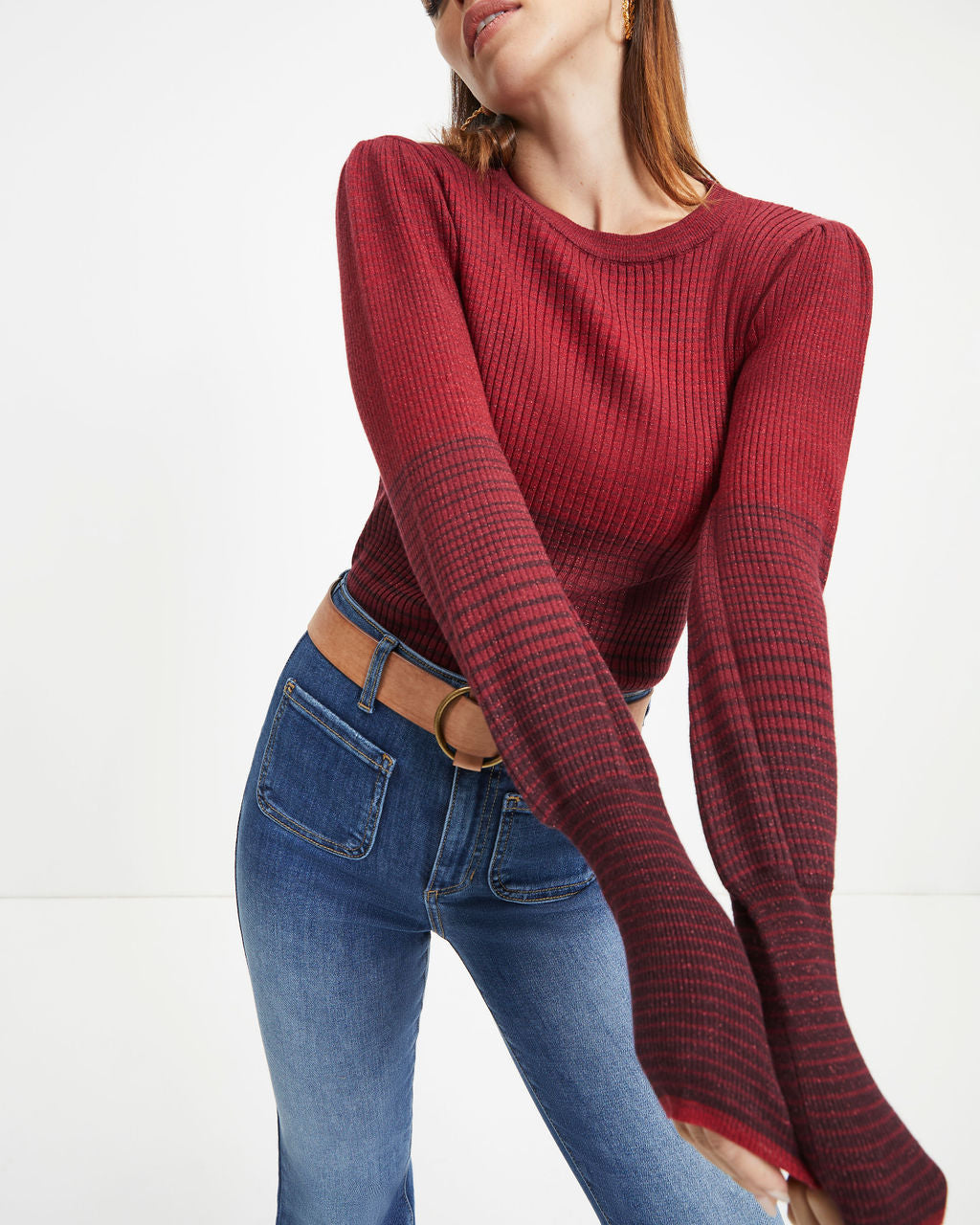 Fall Sunsets Ribbed Balloon Sleeve Pullover Sweater - Wine - FINAL SALE