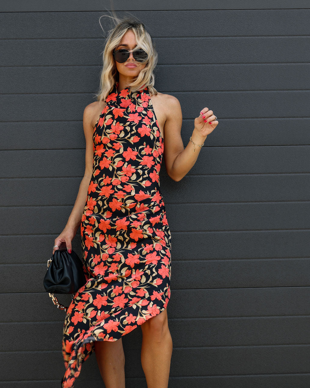 Autumn Bloom Ruched Halter Maxi Dress