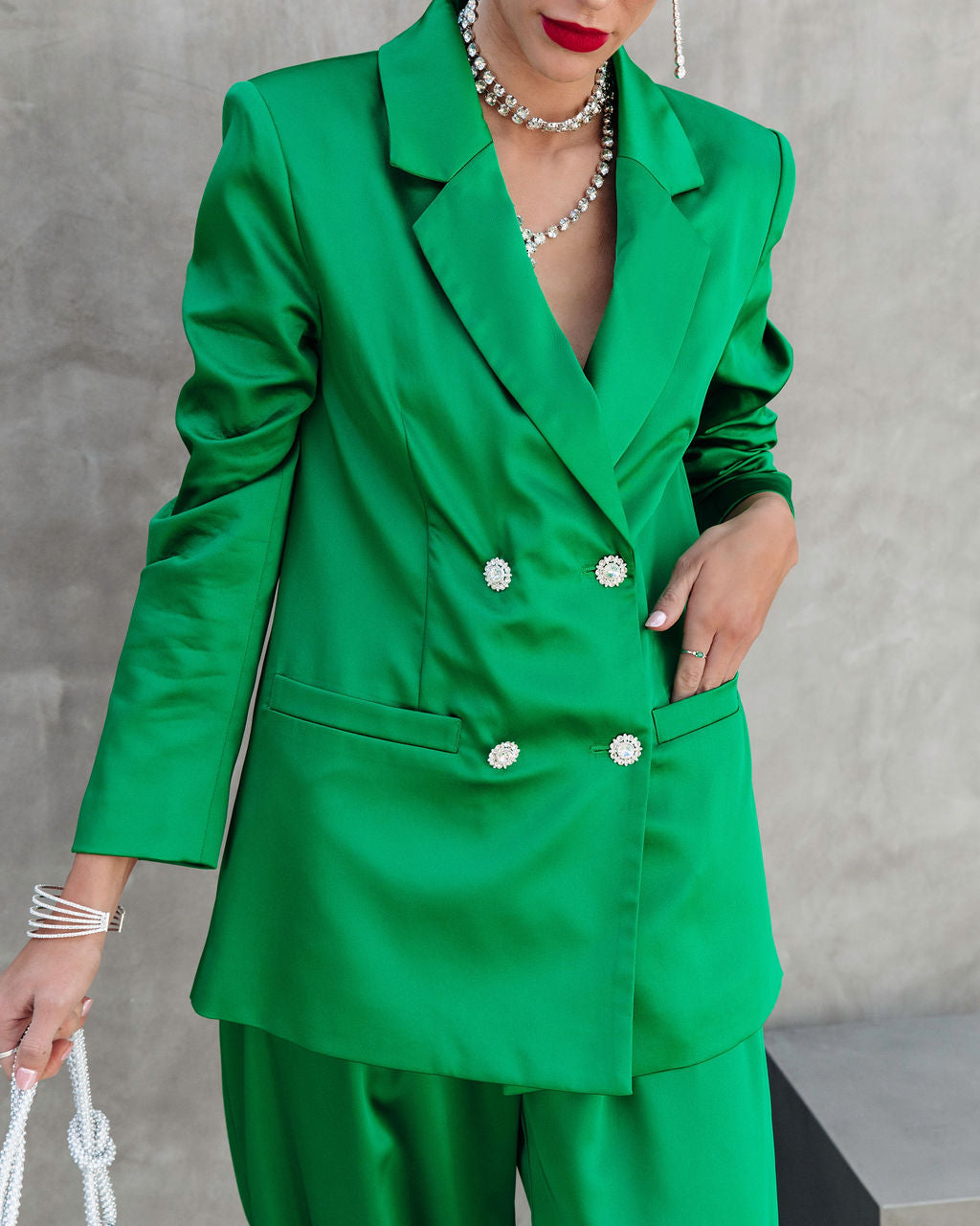 Sensational Queen Satin Embellished Pocketed Blazer - Emerald