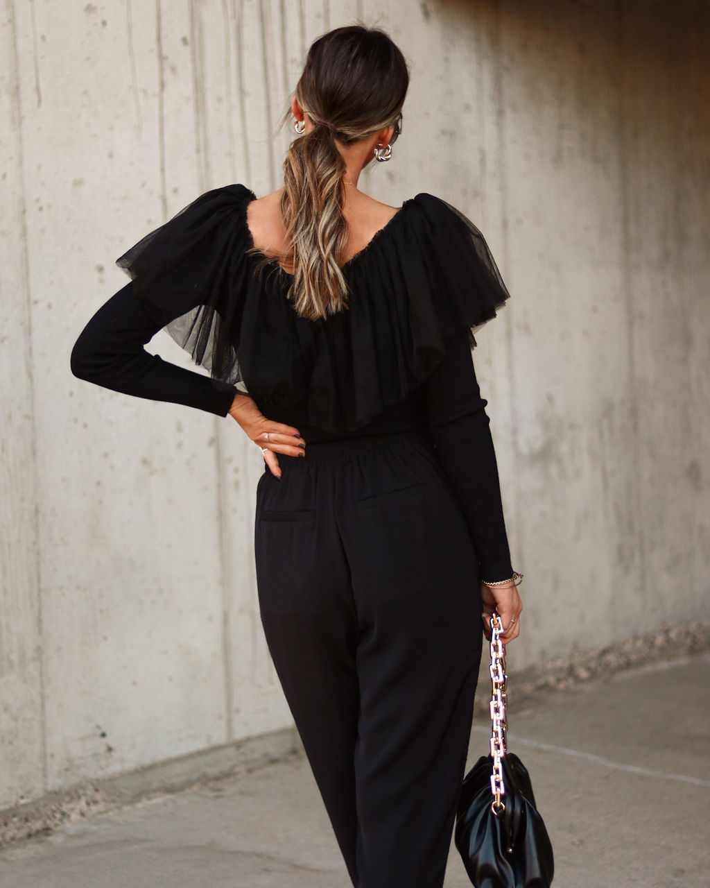 Picture Perfect Glam Ribbed Knit Ruffle Tulle Top - Black