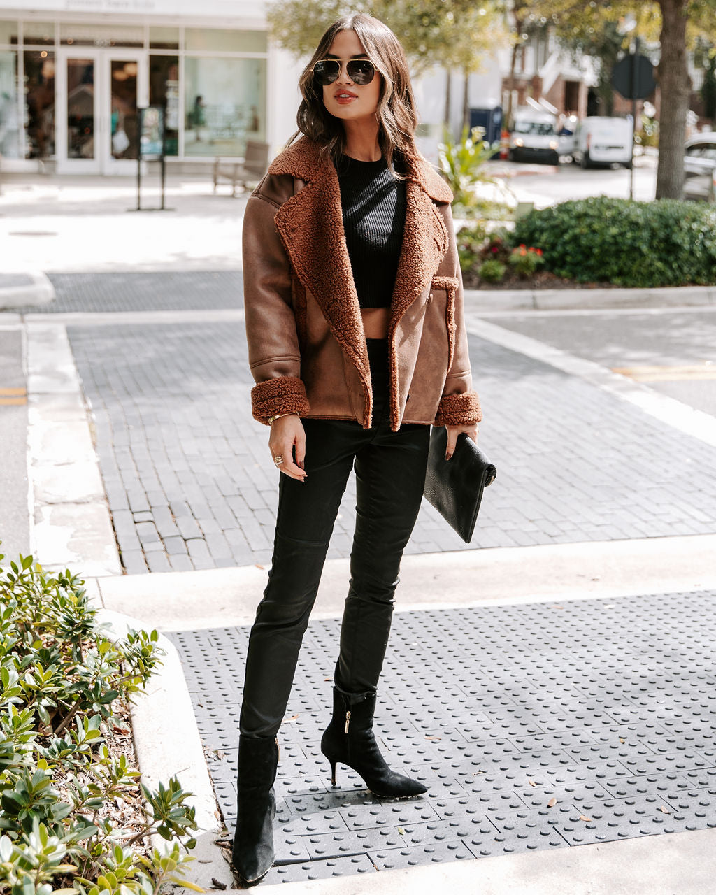 Karen Pocketed Faux Suede Sherpa Trim Jacket - Chocolate