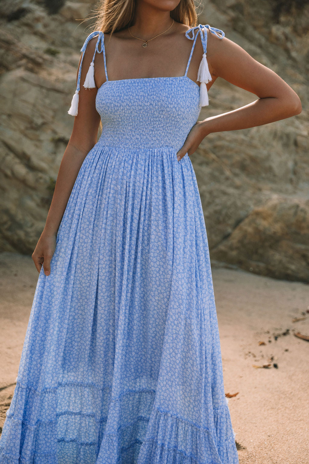 Bradlea Smocked Tassel Tie Maxi Dress - Blue