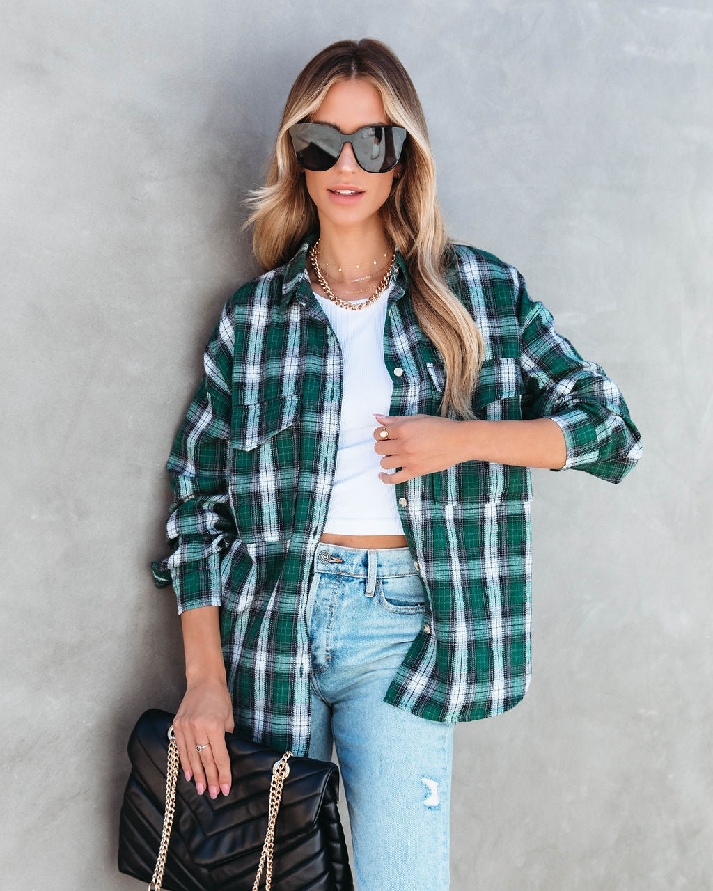 Evergreen Plaid Button Down Top