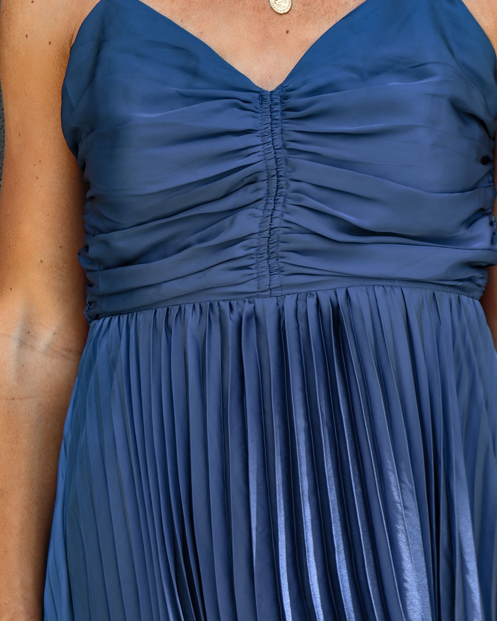 Classic Bombshell Satin Pleated Midi Dress - Midnight Blue