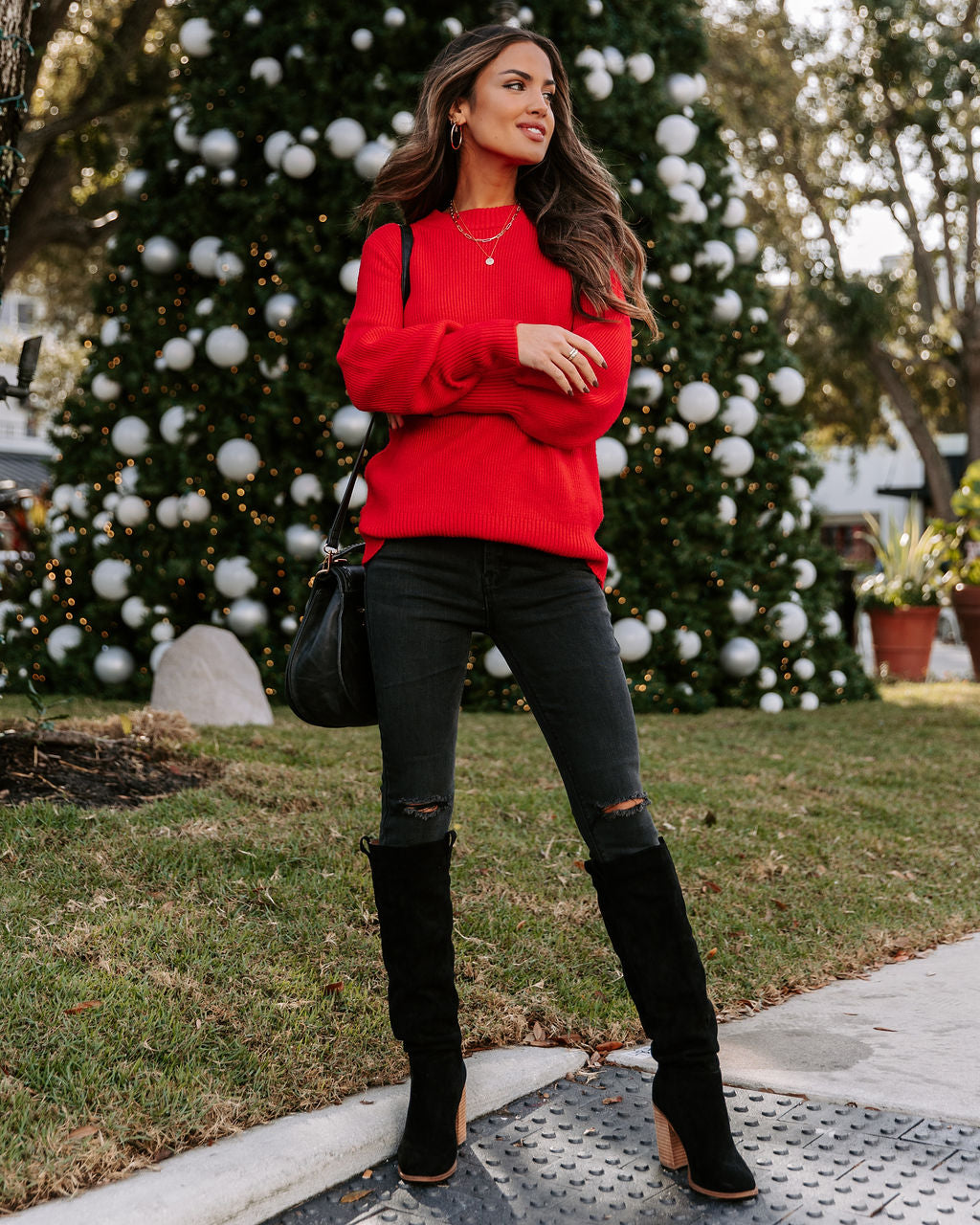 Baby It'S You Knit Balloon Sleeve Pullover Sweater - Red