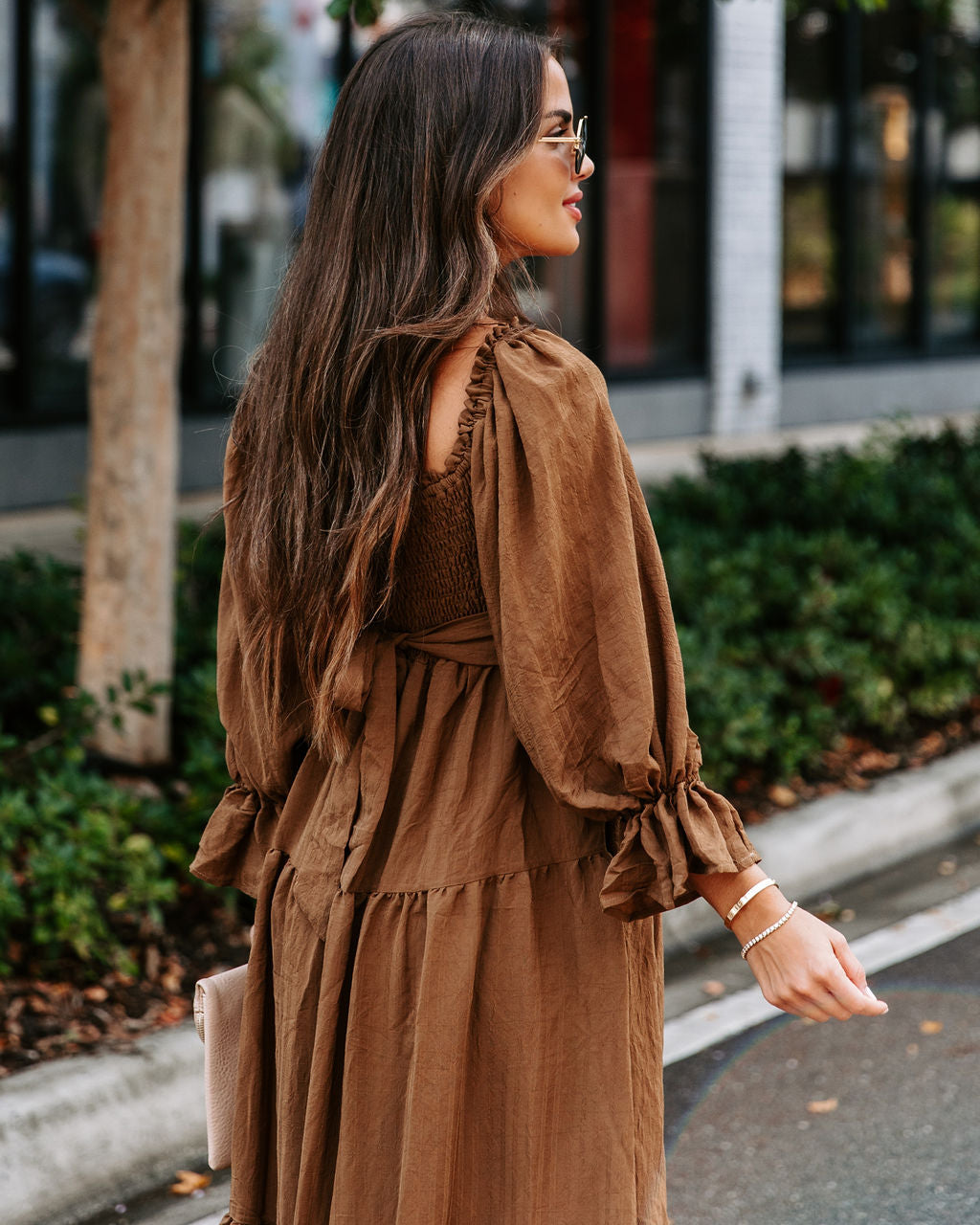 River Pocketed Puff Sleeve Midi Dress - Mocha