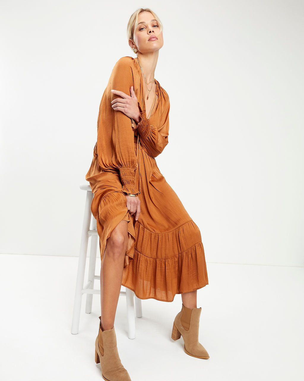 Robbie Satin Midi Dress - Camel