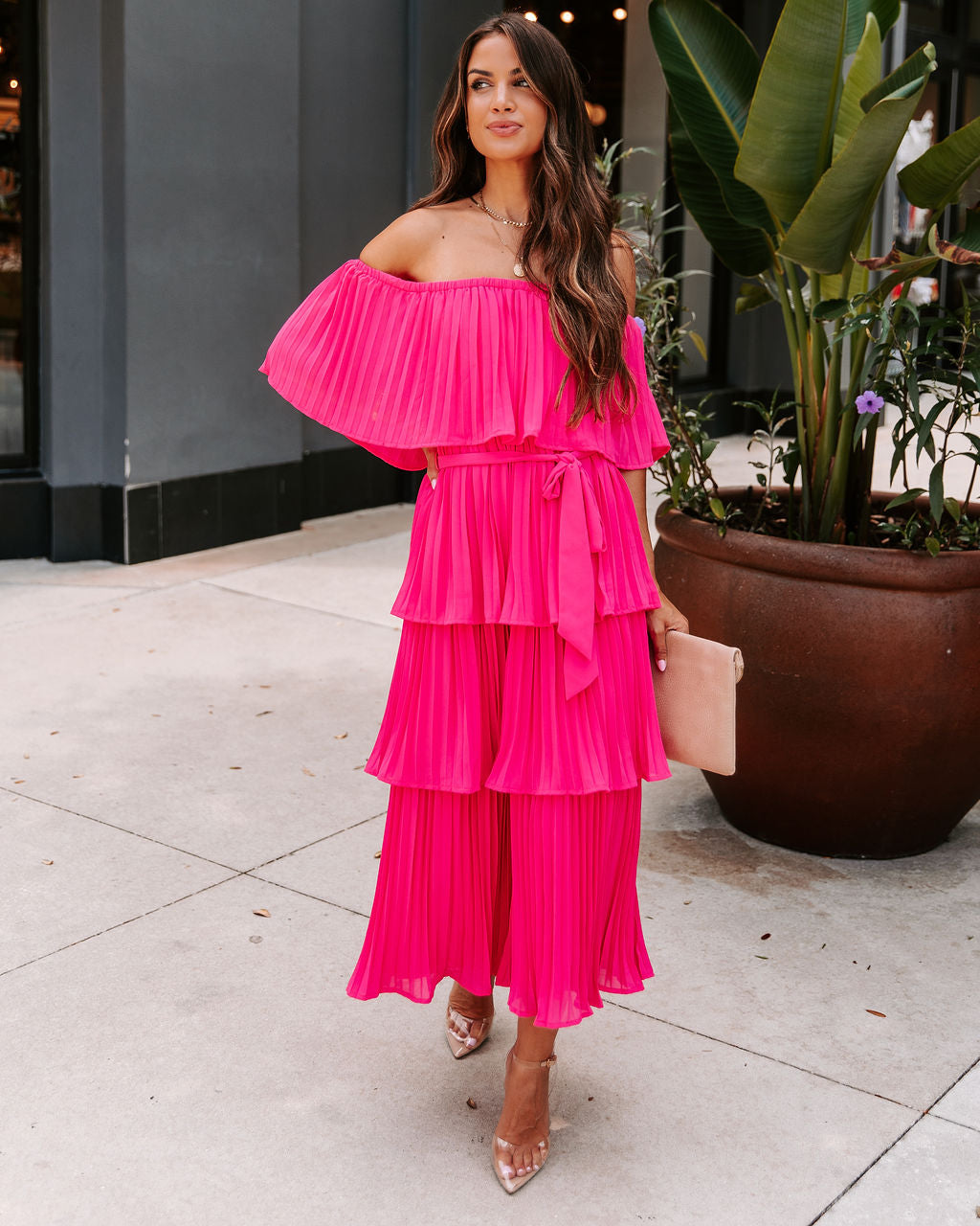 Simaria Pleated Tiered Midi Dress - Hot Pink - FINAL SALE