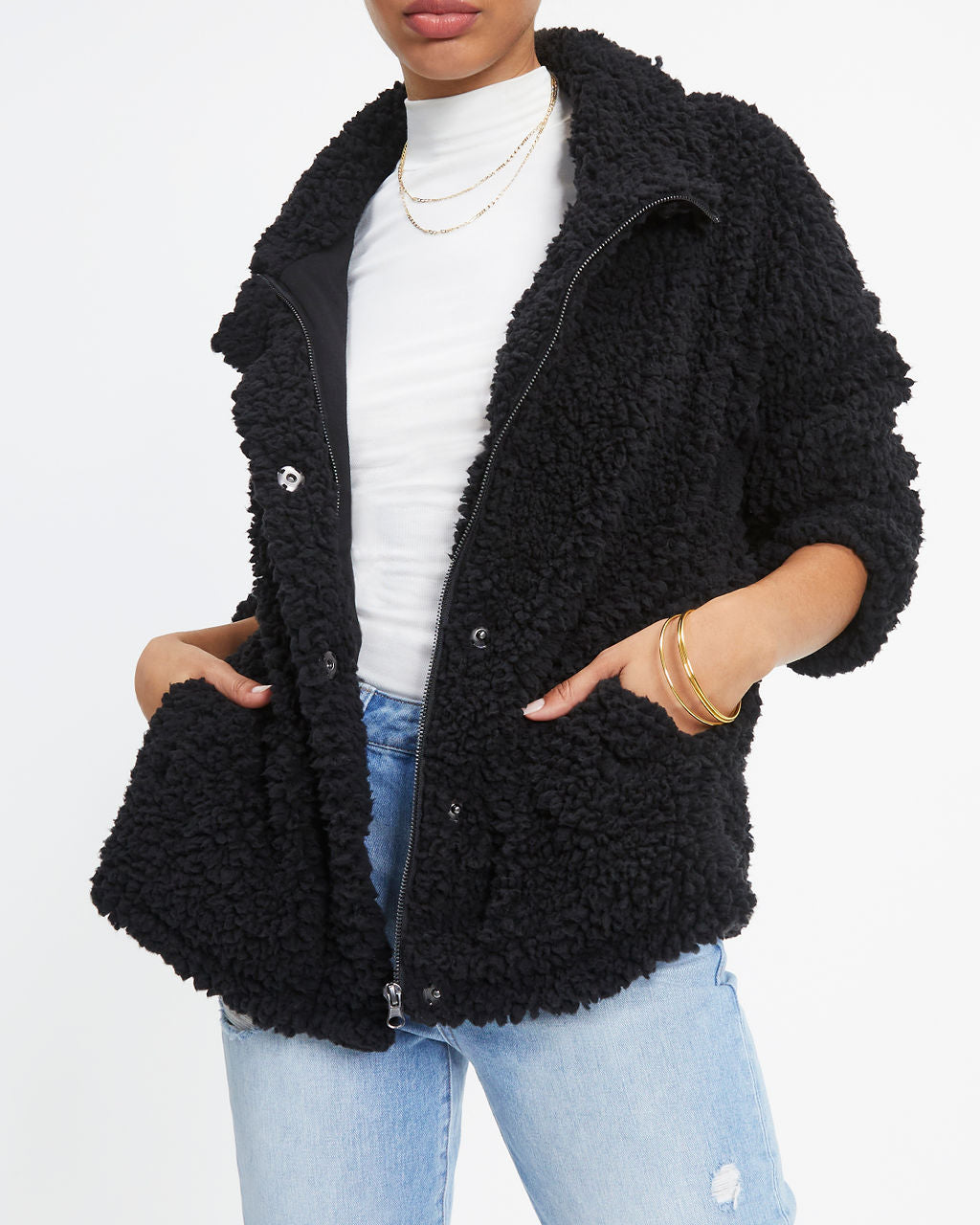 Cabin Dates Pocketed Teddy Jacket - Black