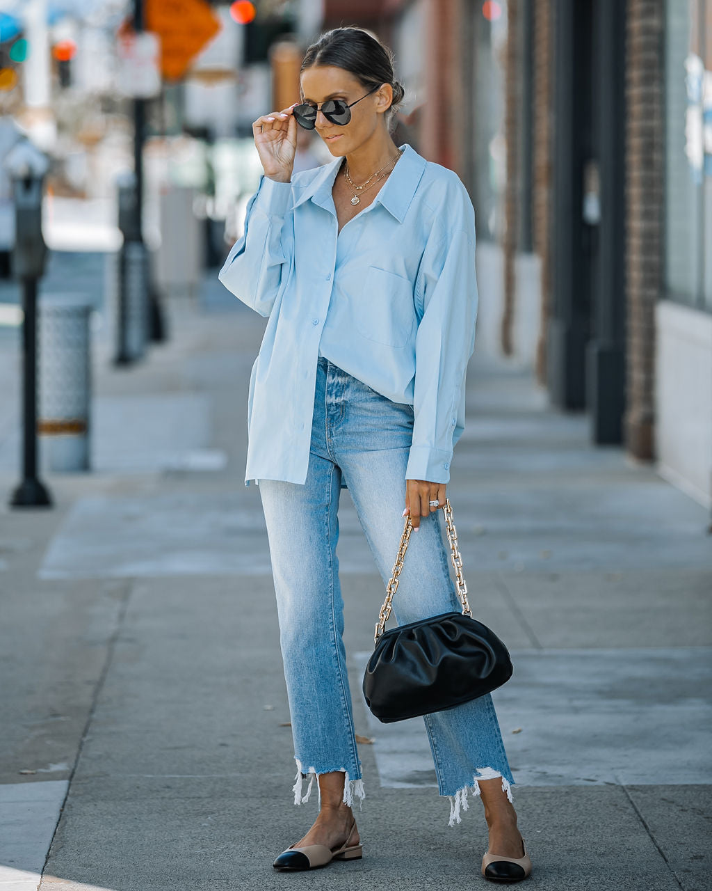 Federica Cotton Button Down Top - Light Blue