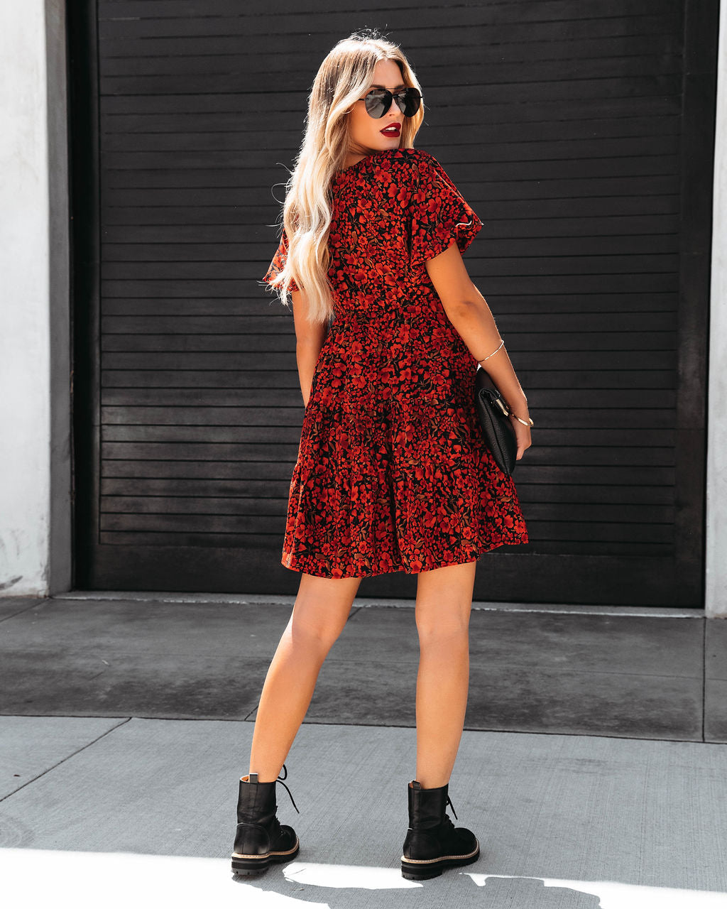 Picking Flowers Tiered Puff Sleeve Babydoll Dress - Black