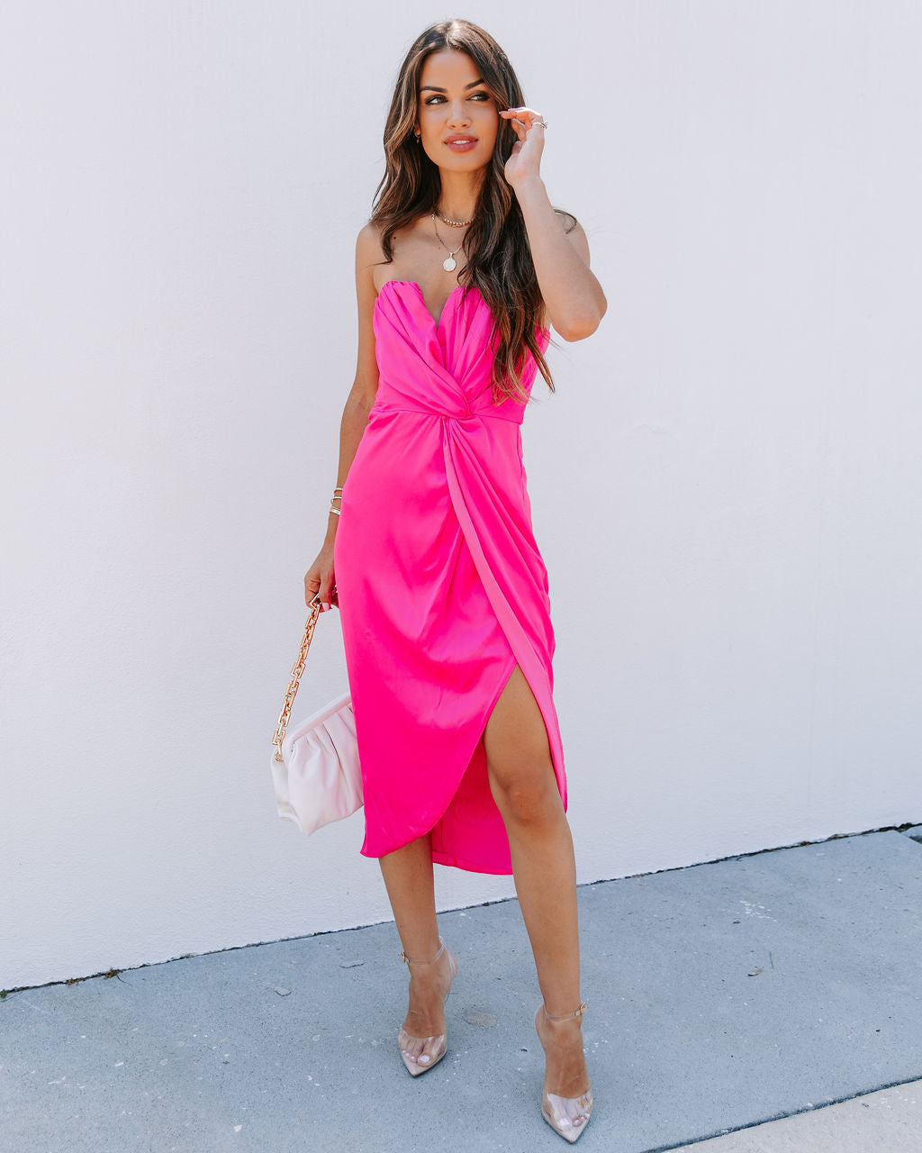 Classy And Fabulous Strapless Satin Midi Dress - Hot Pink - FINAL SALE