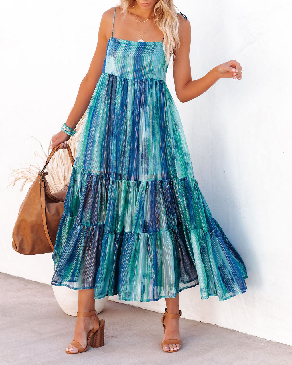 Waterdrop Tiered Shimmer Midi Dress - Blue Multi