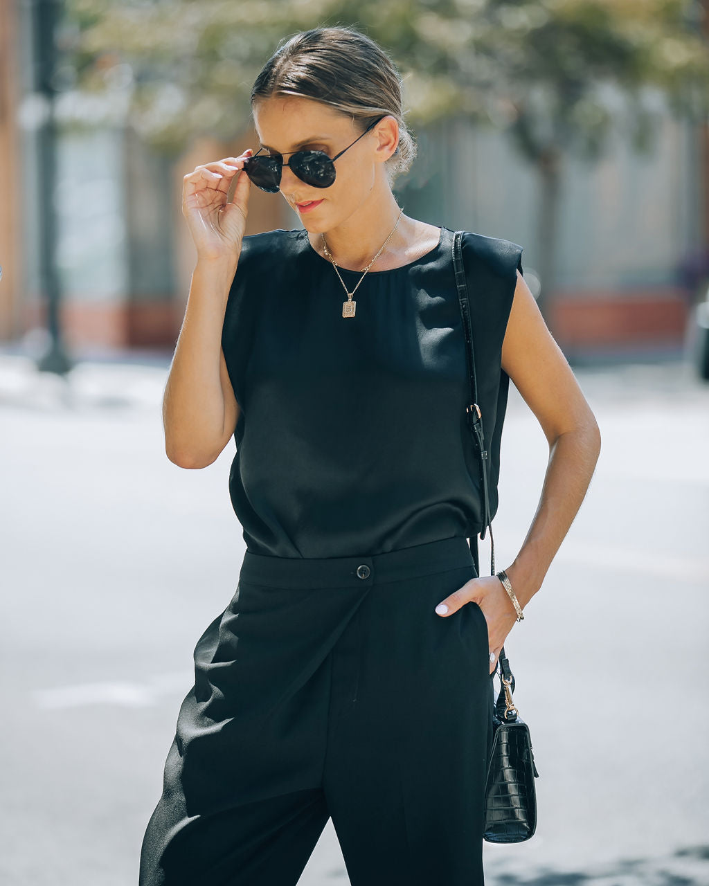 Fancy Gal Satin Padded Shoulder Top - Black - SALE