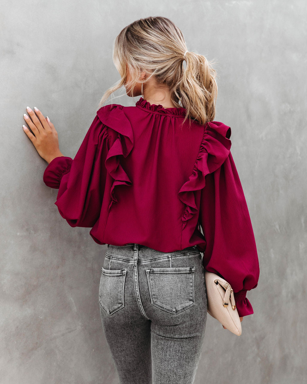 Marion Ruffle Long Sleeve Top - Burgundy