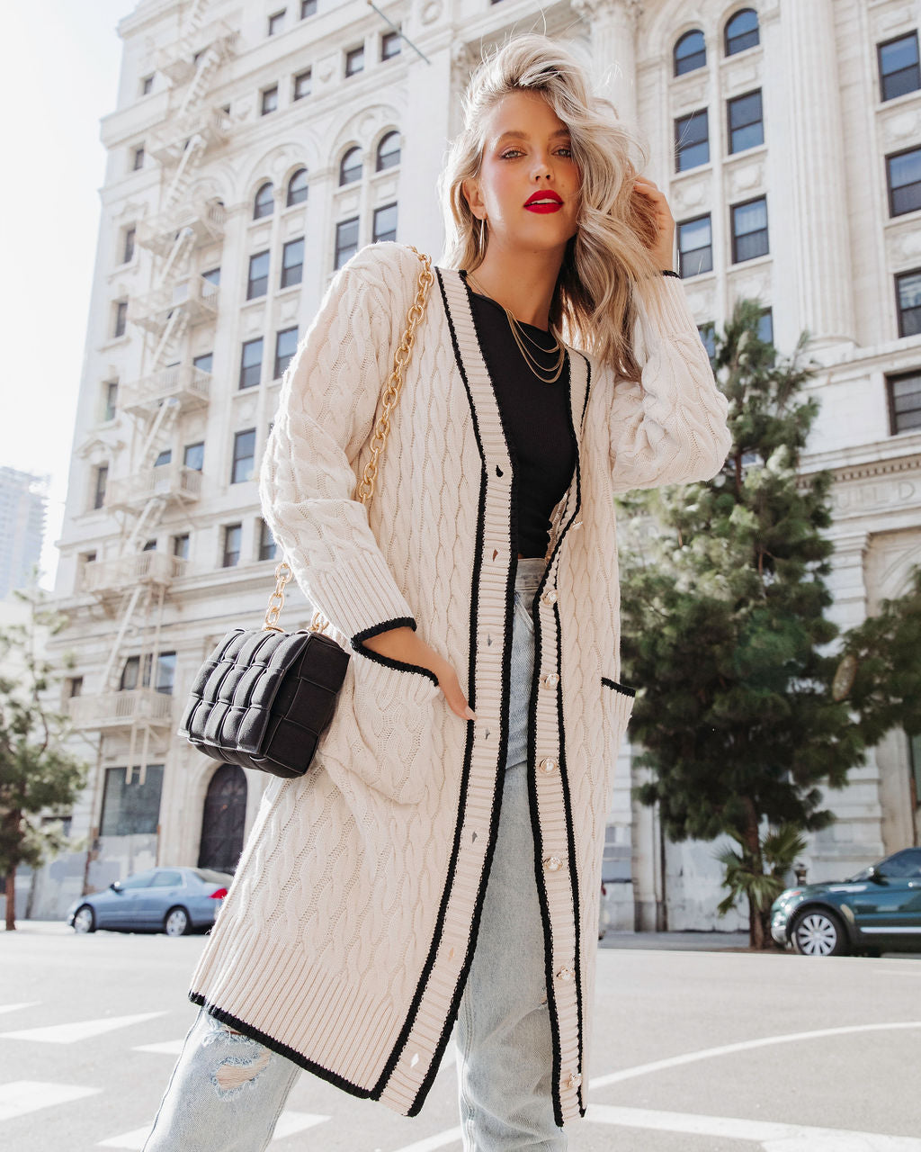 5Th Avenue Cable Knit Pocketed Cardigan - Cream